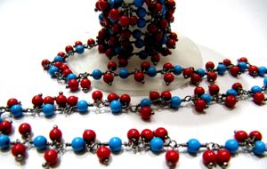 Smooth Coral Turquoise Plain Round Ball Beaded 3mm Cluster Dangling <b>Wire</b> Wrapped Chain - Product Image 2