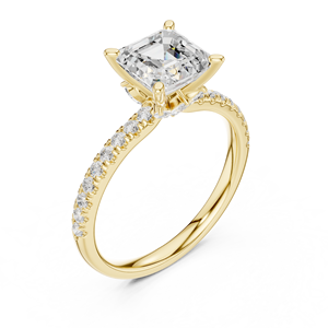 Anillo de lujo con diamante de laboratorio de corte Asscher de cuatro puntas para mujer, hecho de oro amarillo de 14 quilates, con banda de boda y diamantes pavé. - Product Image 4
