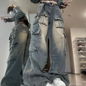 2023 Summer High-Street Women's Cargo Jeans Multi-Pocket Wide-Leg Baggy High-Waisted Niche Washable Y2K Style - Product Image 2