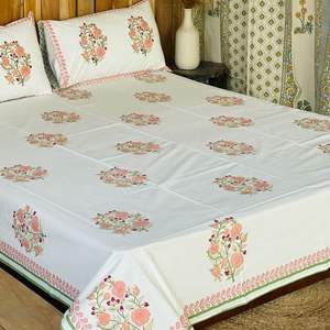 Juego de Sábanas con Estampado Artesanal Sanganeri de la India, Sábanas con Funda de Almohada - Product Image 1