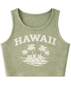 Ensemble deux pièces pour femme, débardeur court côtelé vert sauge et short, imprimé Hawaï, sans manches, col rond, tenue décontractée d'été, personnalisable - Product Image 2