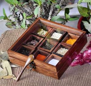 Boîte à épices en bois et verre avec serrure antique, 9 compartiments, organiseur de rangement pour épices Masala Dabba pour comptoir de cuisine - Product Image 2