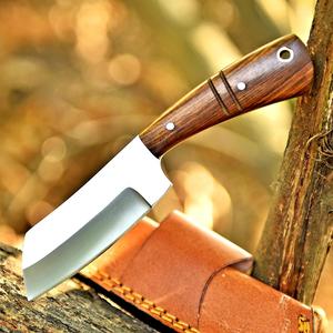 Cuchillo de vaquero forjado a mano de acero al carbono, con filo biselado, personalizado OEM, hoja fija de espiga completa, mango de palisandro y funda de cuero. - Product Image 1