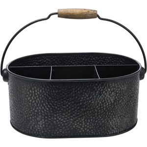 Porta Cubiertos de Metal Galvanizado Blanco Desgastado Estilo Rústico con Asa de Madera, Organizador de Utensilios con Múltiples Compartimentos - Product Image 4