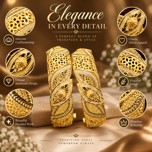 Bracelet Kada plaqué or pour femmes |   Bracelet en laiton poli or 24 carats avec motif floral |   Ensemble de bijoux de mariée traditionnels indiens - Product Image 5