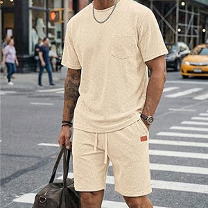Ensemble été homme en coton gaufré, t-shirt et short, vêtements de plage, tissu respirant, léger, vêtements décontractés - Product Image 3