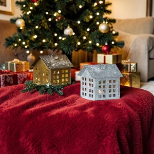 Metal House-Shaped Lanterns With Cutout Windows Vintage Christmas Decor Handicraft Holiday Lights - Product Image 5