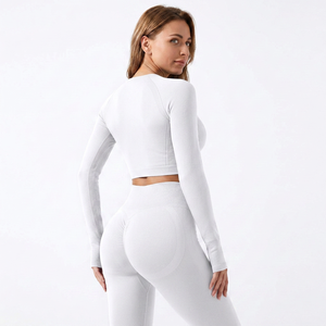Women's <b>Long</b> <b>Sleeve</b> <b>Crop</b> <b>Top</b> High Waist Full Length Leggings Set Solid <b>Black</b> Yoga Workout Wear Four-Way Stretch - Product Image 2