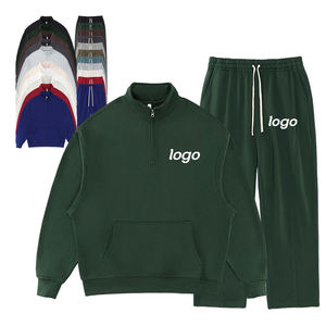 ชุดวอร์มแบบ unisex เสื้อฮู้ดซิปครึ่งตัวพร้อมกางเกงรูดเชือก สีพื้น ผ้าฝ้าย 100% สวมใส่สบายๆ ในฤดูใบไม้ร่วง ทรงปกติ - Product Image 1