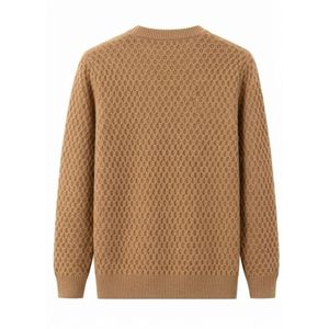 Suéter de Textura Gruesa Tipo Waffle, Color Camel Tan, Tejido de Panal, Térmico, de Algodón Pesado, Cuello en V, Manga Larga, Casual, Cálido - Product Image 2