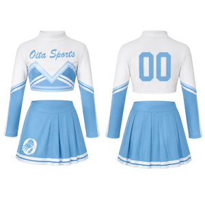 Ensemble uniforme de cheerleading sublimé bleu clair et blanc à manches longues avec jupe plissée pour l'entraînement et la performance des équipes sportives - Product Image 1
