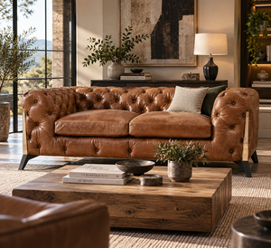 Sofá Chesterfield de Cuero Genuino Estilo Costero de Dos Plazas con Respaldo Acolchado, Brazos Rectos y Patas Metálicas para Sala de Estar - Product Image 1