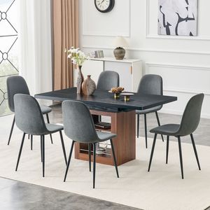 Set Moderno di Tavolo da Pranzo a L Espandibile e Sedie, 59-71 Pollici, con 6 Sedie Abbinate in Lino e Cotone Grigio Scuro - Product Image 2