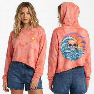 Crop <b>Top</b> 350GSM <b>Peach</b> Tie Dye Hoodie Women Custom Wave Skull Graphic Sun Print Raw Edge Short Sweatshirt Summer Beachwear - Product Image 1
