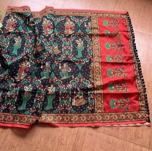 Indian Premium Exclusive Linen Fabric Digital Kalamkari <b>Print</b> Saree Elegant Festive Wedding Party <b>Office</b> Casual Wear Outfit - Product Image 4