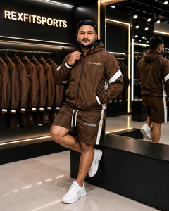 REXFIT <b>SPORTS</b> 2026 Custom Men Brown Nylon Sportswear Set Hooded Windbreaker <b>Jacket</b> Shorts Two Piece Tracksuit Lightweight Street - Product Image 5