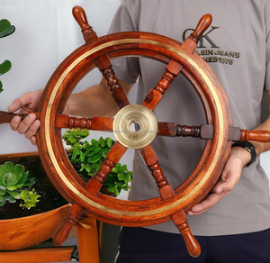 Roue de bateau en bois décorative nautique avec cadre, anneau en laiton, décoration murale marine pour salon, bureau - Product Image 5