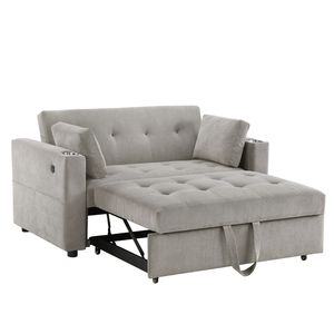 Divano letto convertibile Luelle 57"W in velluto a coste grigio con portabicchieri, porte USB, tasche porta riviste e trapuntatura - Comodo divano letto - Product Image 2