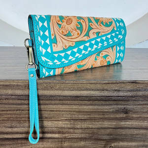 High Quality Floral Checkered Design <b>Women</b> Clutch Tooled Leather <b>Credit</b> <b>Card</b> <b>Holder</b> Evening Wristlet Purse <b>for</b> Shopping Wallet - Product Image 4