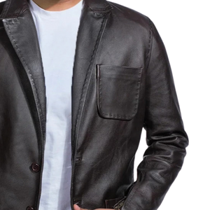 Men’s Dark Brown Genuine <b>Leather</b> <b>Blazer</b> Vintage Notch Lapel Two Button Three Pocket Premium Casual Formal <b>Jacket</b> - Product Image 5