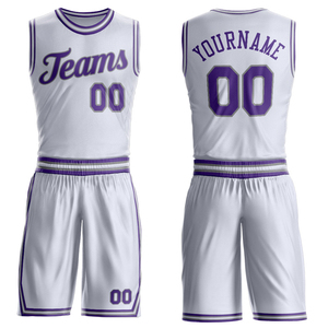 Ensemble de maillots de basket-ball sublimés personnalisés unisexe blanc et violet en mesh sans manches avec nom d'équipe 00, uniforme athlétique respirant - Product Image 3