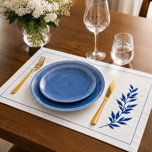 Custom Classic Washable Reuse Embroidery Blue Leave <b>Placemats</b> Napkins Sets 100% Cotton Line Border Mats Home Wedding Events - Product Image 4