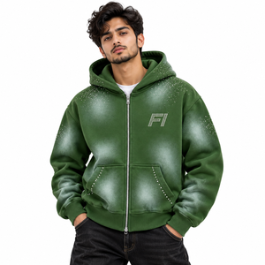 Sudaderas con capucha doble para hombre, verde oscuro, con cremallera y pedrería, forro polar grueso, estilo urbano, diseño de capas, proveedor mayorista personalizado - Product Image 1