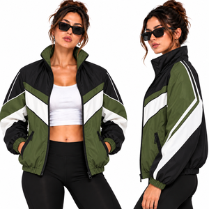 <b>women</b> purple hooded windbreaker jacket wholesale retro color block <b>zip</b> up track <b>top</b> lightweight casual running jackets coats - Product Image 2
