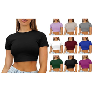 T-shirts Streetwear Femme en Gros – Col Rond, Manches Évasées, Couleur Unie, Manches Courtes, 100% Coton, Crop Tops pour Femme - Product Image 2