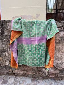 Handmade Vintage Block Printed Cotton Kantha Reversible Quilt <b>Bedspread</b> with Traditional Indian Floral Design - Product Image 2