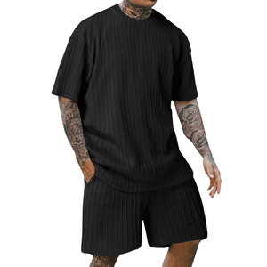 New Fashion Summer Men's Casual 2-Piece <b>Knitted</b> 300gram Solid Pattern Quick Dry Breathable T-Shirt and Shorts <b>Set</b> - Product Image 2