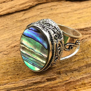 Vintage Cocktail Ring With Iridescent <b>Shell</b> Inlay 925 Silver Bezel Setting Unisex Everyday Wear - Product Image 4
