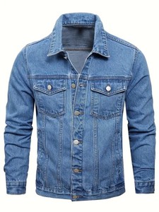 เสื้อแจ็คเก็ตยีนส์ทรงเข้ารูปสำหรับผู้ชาย สีพื้น ปกคอพับ สไตล์ลำลอง แจ็คเก็ตผ้าฝ้ายสำหรับฤดูใบไม้ร่วง ความยาวปกติ แบบกระดุมแถวเดียว - Product Image 2