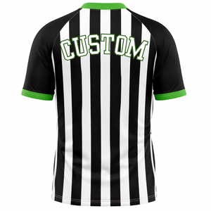 Men Black White Striped <b>Referee</b> Shirt Green V Neck Trim Short Sleeve Professional Football Officials Performance Game Jersey - Product Image 2