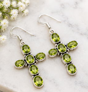 Peridot <b>Silver</b> Cross <b>Earrings</b>, <b>Sterling</b> <b>Silver</b> <b>Dangle</b> <b>Earrings</b>, Green Gemstone <b>Earrings</b>, 925 <b>Silver</b> Cross Jewelry, - Product Image 2