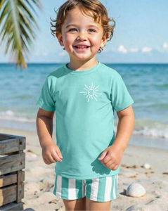 Boys Mint Green Sun Logo T-Shirt and Striped Shorts Set Casual Beach Outfit - Product Image 4