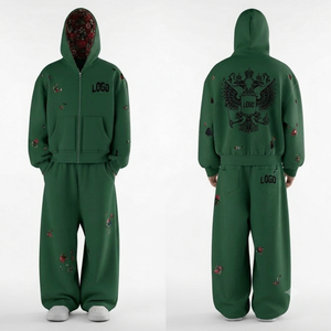 Conjunto de Sudadera con Capucha Verde y Pantalones Deportivos Holgados con Serigrafía Personalizada, Diseño de Escudo de Águila, Felpa, Unisex - Product Image 1