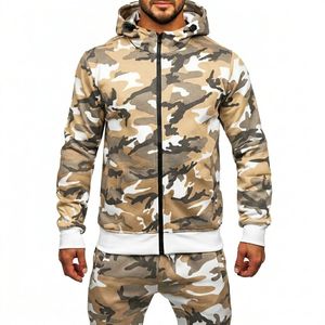 Conjunto Deportivo Personalizado para Hombre, Camuflaje en Tonos Grises, Sudadera con Capucha y Cierre Completo, Pantalones Deportivos, 2 Piezas - Product Image 5