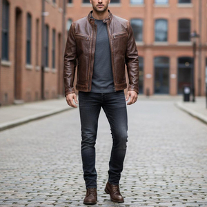 Chaqueta de Cuero Genuino de Vaca Marrón Clásica para Hombre, Ecológica, Impermeable, con Logotipo Frontal, Diseño Casual y Atemporal, Venta al Por Mayor para Exportación - Product Image 5