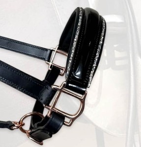Luxury <b>Black</b> Leather Horse Halter Crystal Rhinestone Patent Noseband & <b>Rose</b> Gold Fitting Wholesale English Tack Manufacturer - Product Image 1