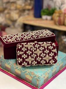 <b>Red</b> <b>Velvet</b> Rectangular Box with Gold Floral Embroidery Handmade Wedding Decoration Gift Case - Product Image 5