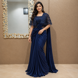 Luxury Natural Wine <b>Red</b> Satin Designer Ready to Wear Saree Embroidered Cape <b>Blouse</b> Wedding Party Reception Cocktail Evening Wear - Product Image 3