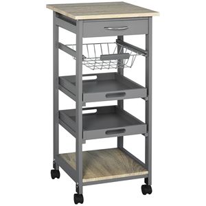 Chariot de cuisine roulant gris moderne avec plateau coulissant, panier réglable, matériaux durables en métal, plastique, bois, MDF et fer - Product Image 1