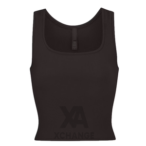 Débardeur noir en maille à col rond pour femme, style minimaliste uni, respirant, sans manches, avec logo frontal et rubans à boutons - Product Image 1
