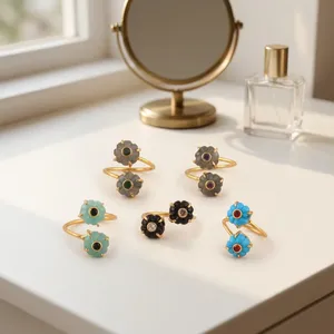 Popular Design Open Bans <b>Rings</b> 18k Gold Plated Brass Gemstone Labradorite Turquoise <b>Black</b> Onyx Amazonite With CZ Fashion Jewelry - Product Image 6