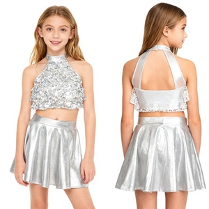 ชุดเต้นรำสำหรับเด็กผู้หญิงอายุ 6-16 ปี แฟชั่นชุดเต้นลีริคอล ชุดแสดงเต้นรำ เสื้อครอปท็อปพร้อมกระโปรงเมทัลลิก สำหรับฝึกซ้อมเต้นบอลรูม - Product Image 4