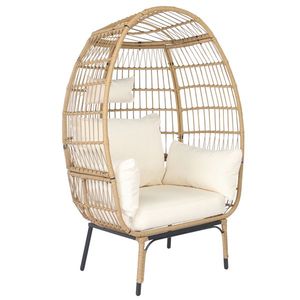 Poltrona a uovo oversize beige in vimini con supporto, cuscini per interni ed esterni, ideale per patio, portico, giardino, soggiorno o balcone - Product Image 2