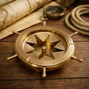 Brass Ship Wheel Cigar <b>Ashtray</b> Star Cutting Design Nautical Decorative Metal <b>Ashtray</b> Vintage Maritime Tabletop Cigar Accessory - Product Image 2