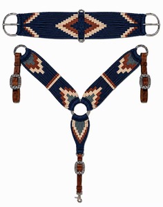 EQUIPRO Navy Blue Woven Horse Girth and Breast Collar Set Geometric Diamond Pattern <b>Leather</b> Concho Buckles From Uttar Pradesh - Product Image 1