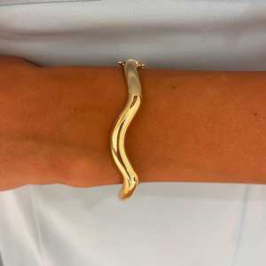 14K Solid Gold Plain Wavy Bangle <b>Bracelets</b> Custom Minimalist Elegant Modern Statement <b>Cuff</b> for Women Adjustable 6.25" Wholesale - Product Image 2